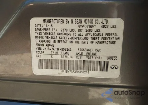 2015 Infiniti Q50 Premium из США, поврежденный, VIN JN1BV7AP3FM358244